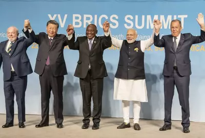 Leiders van de BRICS-landen bij hun 15e topconferentie in Z-Afrika.