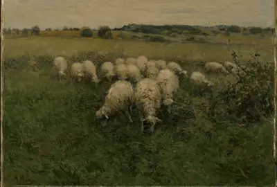 Schilderij: Sheep Grazing in an Open Field (1838–1888).