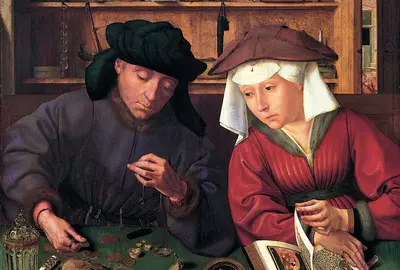 Schilderij: De geldwisselaar en zijn vrouw (1514). Schilder: Quintin Massijs, Louvre, Paris.