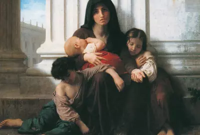 Schilderij: Hulpbehoevend gezin. Schilder: Aldolphe Bouguereau.