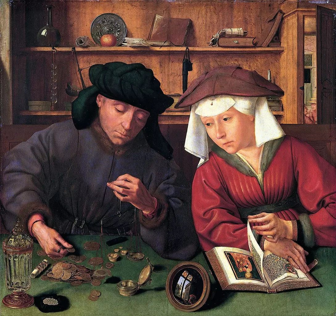 Schilderij: De geldwisselaar en zijn vrouw (1514). Schilder: Quintin Massijs, Louvre, Paris.