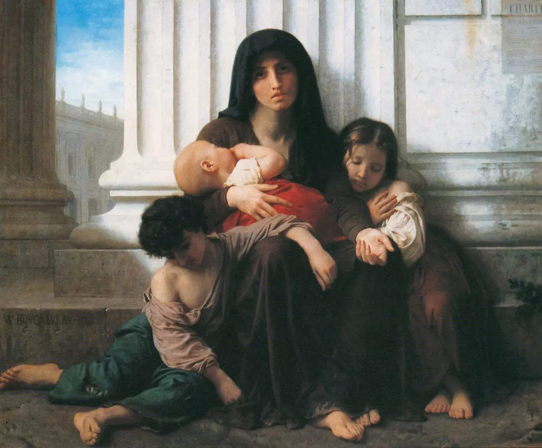 Schilderij: Hulpbehoevend gezin. Schilder: Aldolphe Bouguereau.